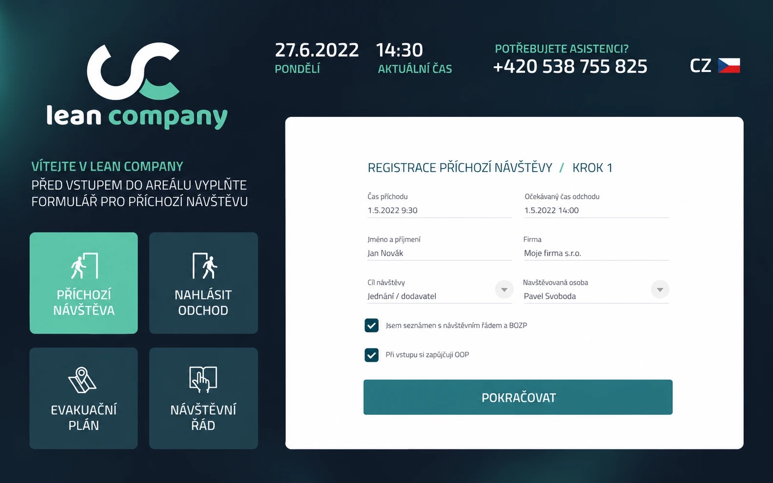 Obrazovka registrace příchozí návštěvy v LeanGate